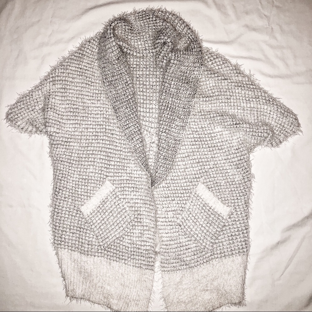 Soft Fuzzy White Gray Sequin Sweater Cardigan